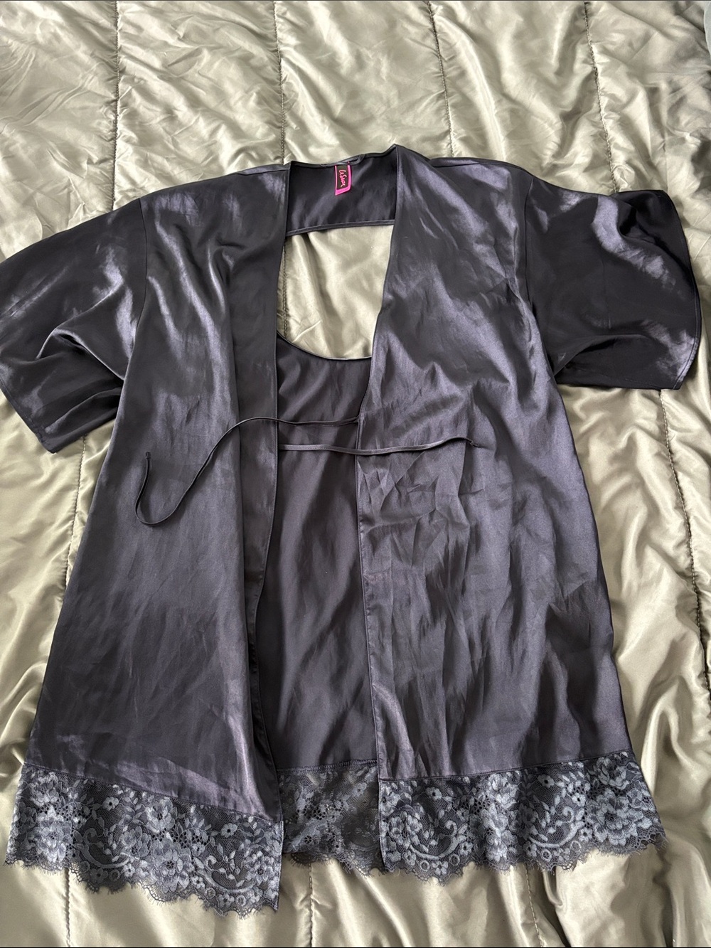 La SENZA Navy Blue Satin Lace-Trim Kimono Top